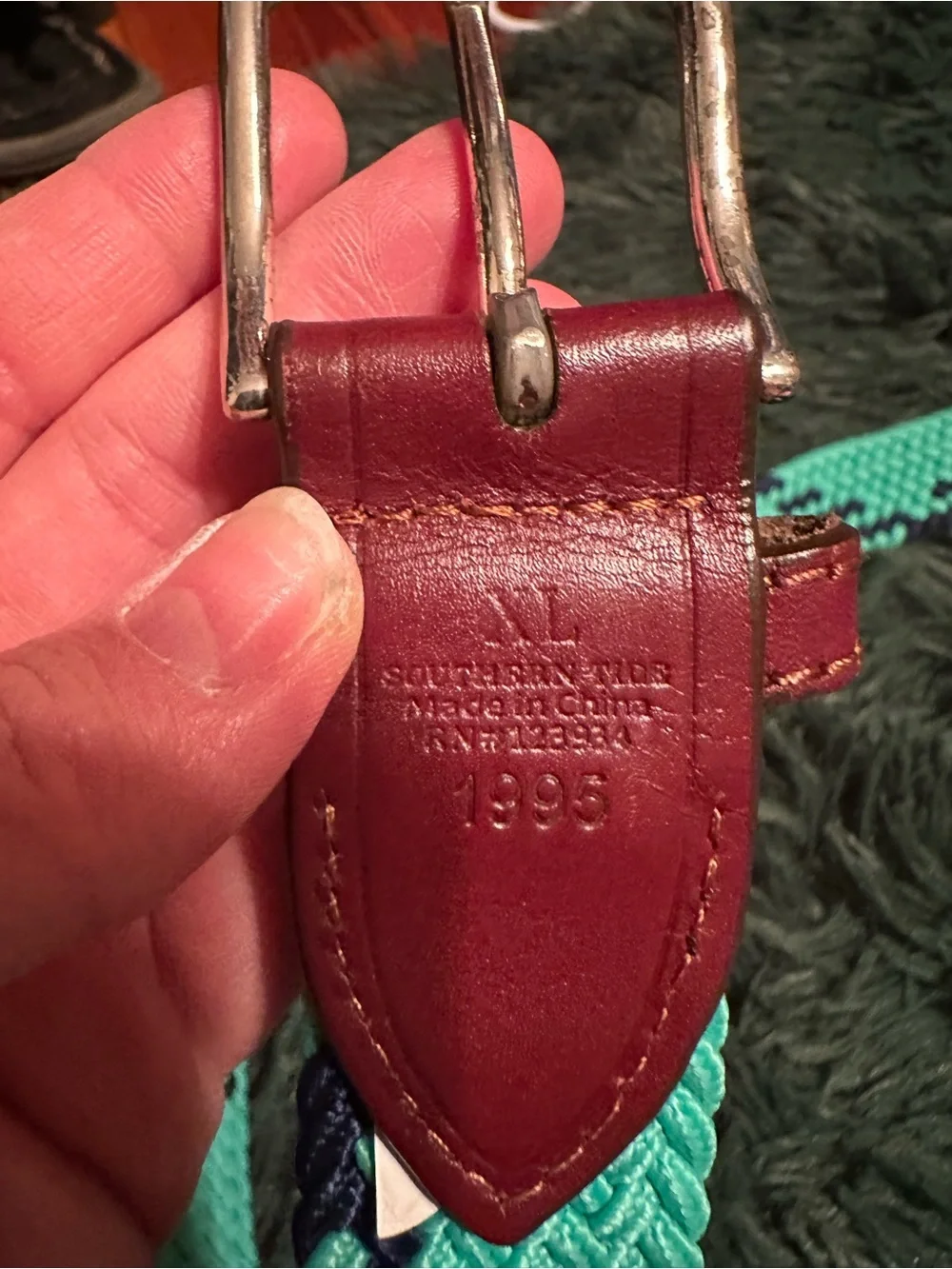 3/$25 ✨ Southern Tide Stretch Woven Belt Aqua Navy Leather Trim Size 1995